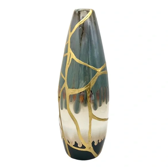 Kintsugi Vase 14” Drip Glaze Gold Crack Art Personal Growth Anniversary Gift - Picture 11 of 13